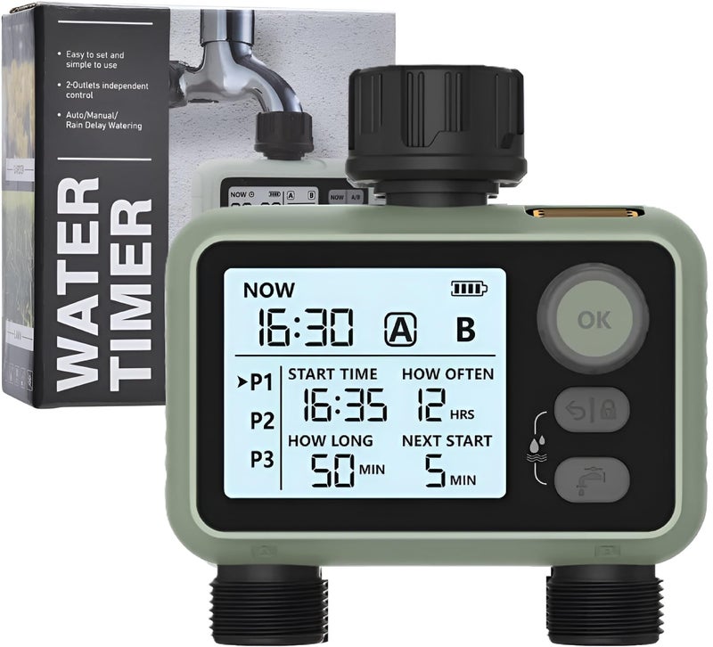 XPR3SS Two Outlet Water Timer With Rain Sensor, 3 Different Water Programs For Each Outlet Digital System Controller Drip Irrigation With Child Lock Feature Programmable Automatic Water Timer Dripper - Image 1