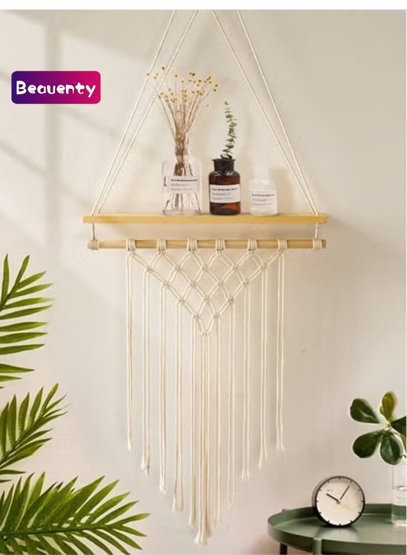 Beauenty Bohemian Vintage Elegant Hanging Wooden Indoor Wall Hanging Shelf and Shelves for Home Decoration - Image 1