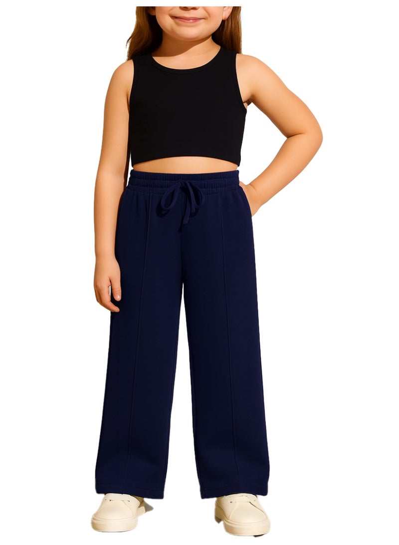 نايلتون بنطلون رياضي واسع الساق مع خط للأطفال والمراهقين - خصر مرتفع - جيوب جانبية برباط للبنات - Image 1