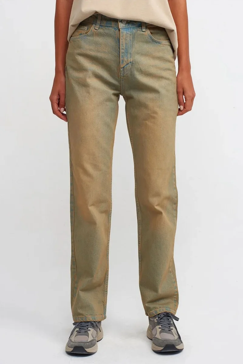 Dilvin Khaki Green DILVIN Mid-Waist Straight-Leg Cotton Denim Jeans for Women | Best Price UAE