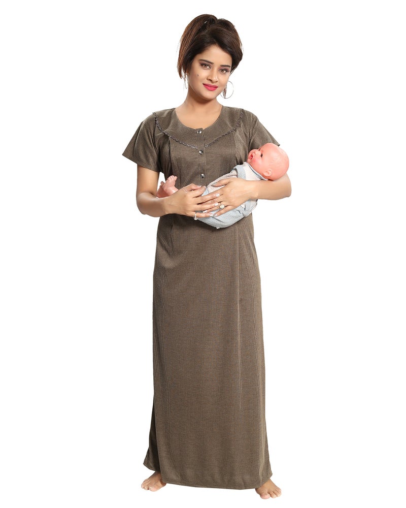 Fabme Women's Cotton Textured Floor Length Nursing Nighty (Mehendi_Free Size_NW0142_Mehendi_Free Size) - Image 1