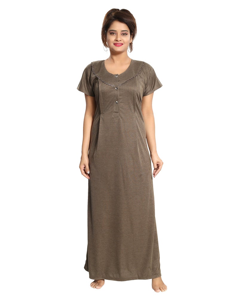 Fabme Women's Cotton Textured Floor Length Nursing Nighty (Mehendi_Free Size_NW0142_Mehendi_Free Size) - Image 4