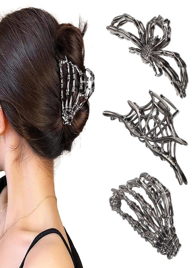 ماي كرييت مجموعة MAYCREATE® من 3 مشابك شعر قوطية للنساء والفتيات، مشبك معدني على شكل يد هيكل عظمي، مشبك على شكل عنكبوت، مشابك شعر من سبيكة معدنية على شكل شبكة عنكبوت، إكسسوارات شعر عصرية للهالوين - Image 1
