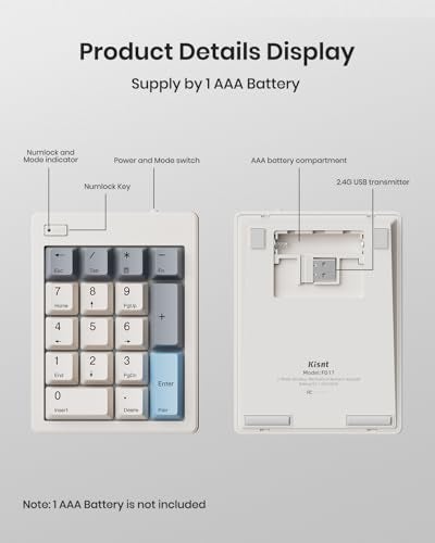 Kisnt FD17 Wireless Mechanical Number Pad, Bluetooth 5.0& 2.4G Dual Mode Numeric Keypad, 17 Keys Hot Swappable Numpad with PBT Keycaps for Laptop/PC/TKL Keyboards(Black, Linear Switch) - Image 4