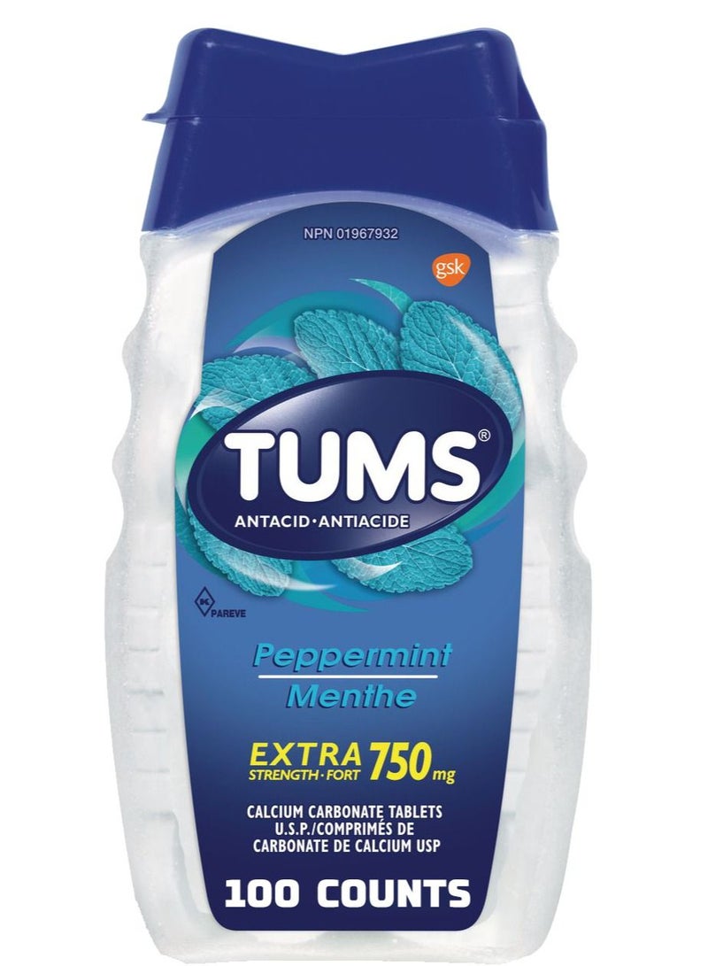TUMS مضاد حموضة بنكهة النعناع بتركيز إضافي 750 ملغ لتخفيف حرقة المعدة - 100 حبة - Image 1