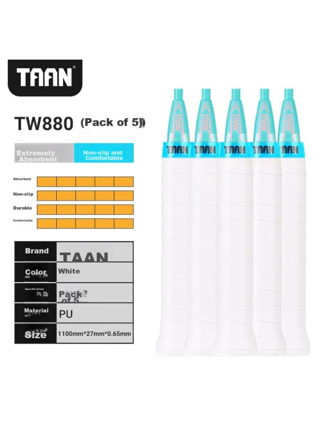 TAAN شريط قبضة مضرب البادمنتون من تaan، ماص للعرق، لاصق قليلاً، شريط قبضة حلوى، Tw880، أبيض، عبوة 5 قطع - Image 2