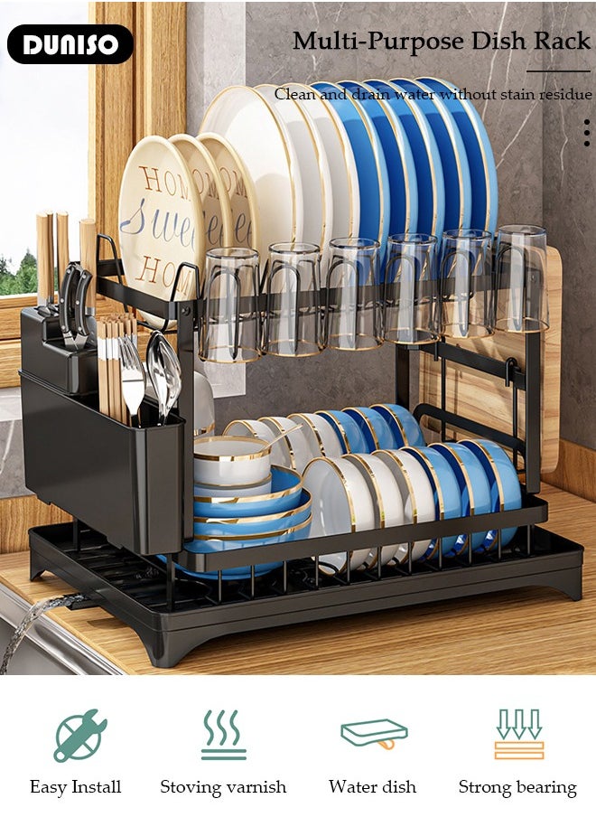 DUNISO 2 Tiers Dish Drying Rack With Drainage Drainer Large Kitchen Dish Rack And Removable Cutting Board Holder Utensil  - Image 2