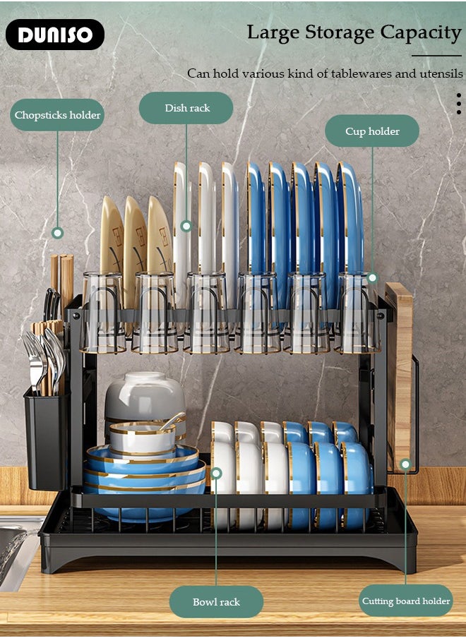 DUNISO 2 Tiers Dish Drying Rack With Drainage Drainer Large Kitchen Dish Rack And Removable Cutting Board Holder Utensil  - Image 3