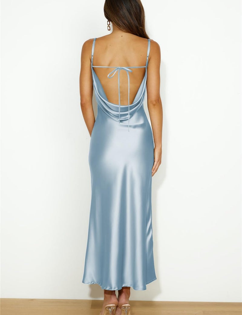 Mogidol Summer Satin Spaghetti Strap Cowl Neck Backless Midi Dresses for Women Elegant Tie Low Back Ruched Cocktail Dress Blue - Image 2