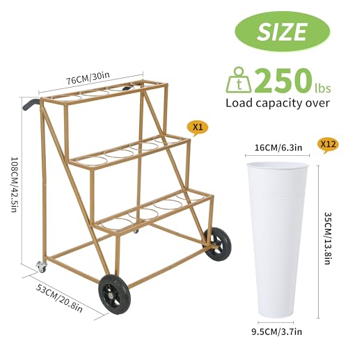 Ruifabo Flower Bar Stand with 12 Iron Buckets - Flower Display Stand with Big Wheels - Hand-Pushed Moving Flower Cart for Garden and Wedding - 3 Layers Gold Florist Bouquet Holder - Image 2