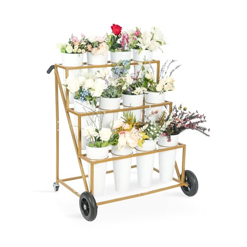 Ruifabo Flower Bar Stand with 12 Iron Buckets - Flower Display Stand with Big Wheels - Hand-Pushed Moving Flower Cart for Garden and Wedding - 3 Layers Gold Florist Bouquet Holder - Image 1