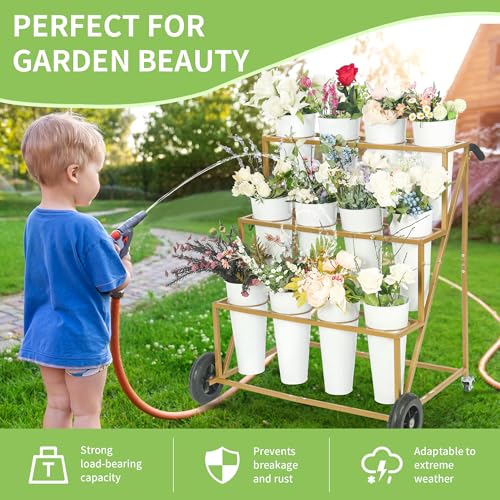 Ruifabo Flower Bar Stand with 12 Iron Buckets - Flower Display Stand with Big Wheels - Hand-Pushed Moving Flower Cart for Garden and Wedding - 3 Layers Gold Florist Bouquet Holder - Image 5
