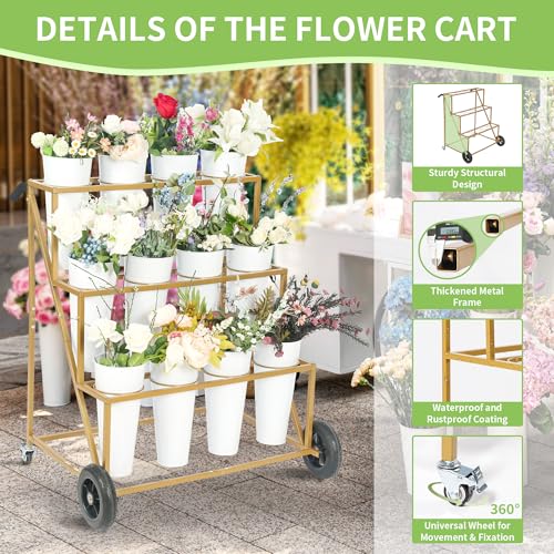Ruifabo Flower Bar Stand with 12 Iron Buckets - Flower Display Stand with Big Wheels - Hand-Pushed Moving Flower Cart for Garden and Wedding - 3 Layers Gold Florist Bouquet Holder - Image 3