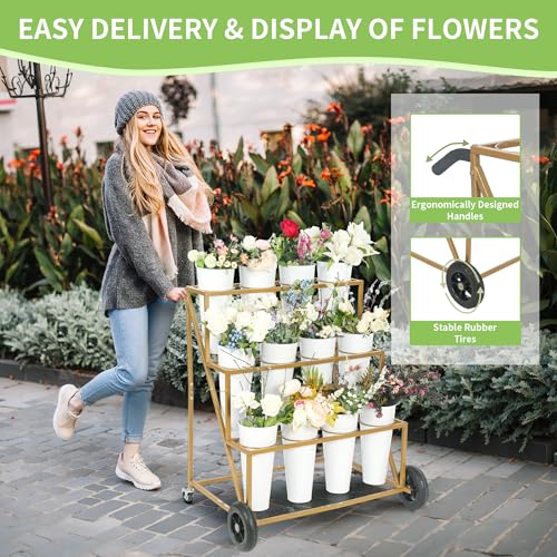 Ruifabo Flower Bar Stand with 12 Iron Buckets - Flower Display Stand with Big Wheels - Hand-Pushed Moving Flower Cart for Garden and Wedding - 3 Layers Gold Florist Bouquet Holder - Image 4