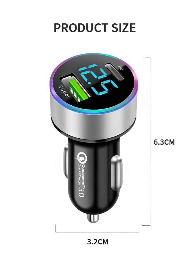USB C Car Charger, PD 20W & Fast USB 66W QC3.0 Port Car Charger Adapter, Dual Port Super Fast Charging with LED Display, Compatible with iPhone, Samsung, iPad