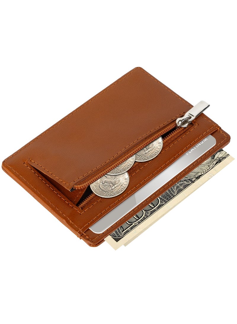SKENZBI Slim Credit Card Holder Minimalist Zip Wallet with coin pocket Tan  - Image 3