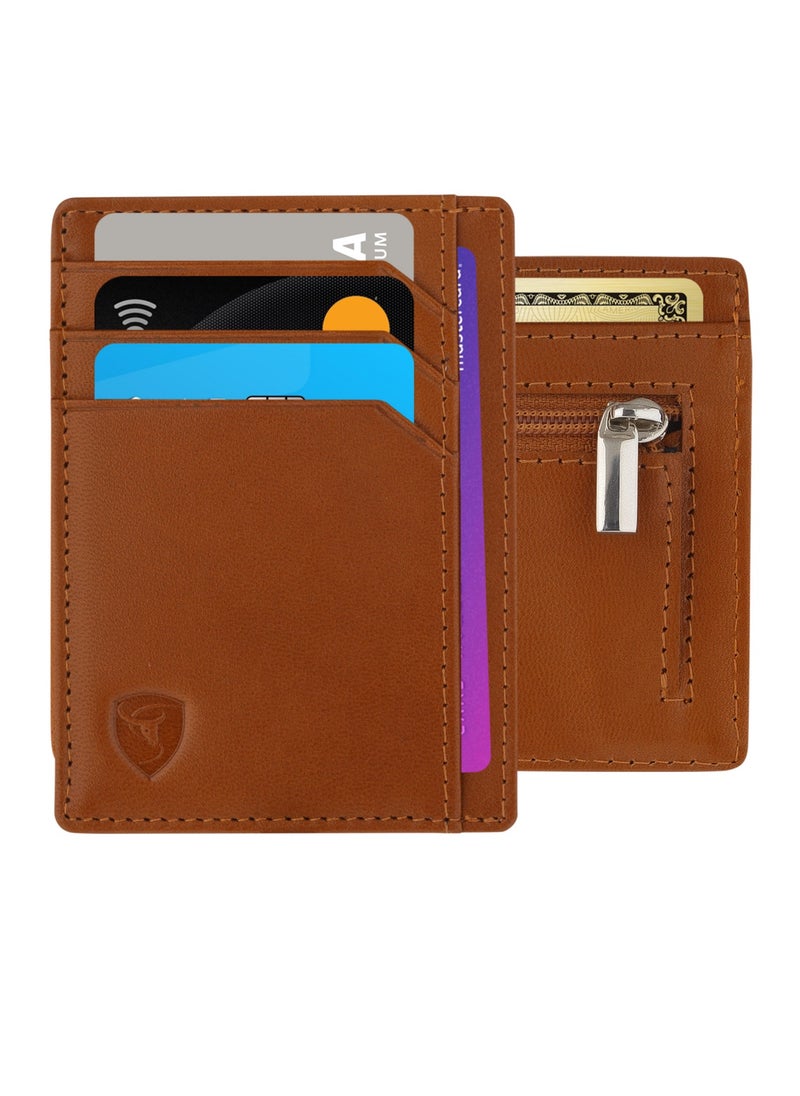 SKENZBI Slim Credit Card Holder Minimalist Zip Wallet with coin pocket Tan  - Image 1