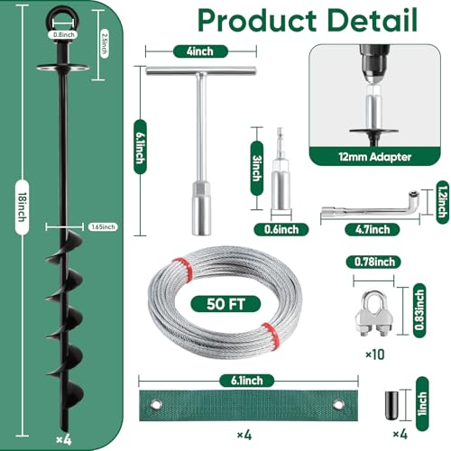Ciyivak 18'' Ground Anchors Screw in Heavy Duty, Shed Anchor Kit with Straps & Steel Cable & Tools, Earth Anchors for Mobile Home, Carports, Swing Set, Tree, Trampoline - Secure Against High Winds(4) - Image 2