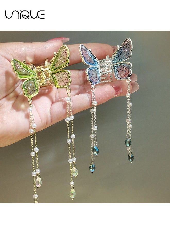 Unique - 2 Pcs Butterfly Hair Accessories - Tassel Butterfly Hair Clips - Claw Clips for Women - Medium Hair Clips for Thick or Thin Hair - Cute Girls' Hair Clips (Green/Blue) - Image 1