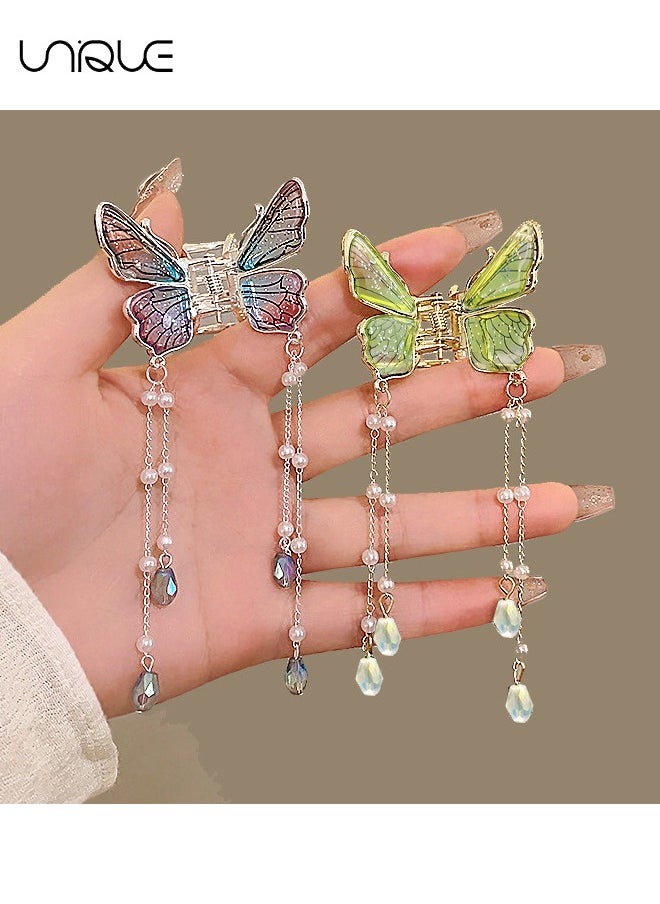 Unique - 2 Pcs Butterfly Hair Accessories - Tassel Butterfly Hair Clips - Claw Clips for Women - Medium Hair Clips for Thick or Thin Hair - Cute Girls' Hair Clips (Green/Blue) - Image 1