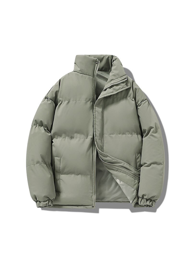 Generic Winter Casual Stand Collar Trendy Cotton Padded Coat Men Loose Fit Solid Color Cotton Coat Couple Jacket Thickened Warm Puffer J Dark gray  - Image 5