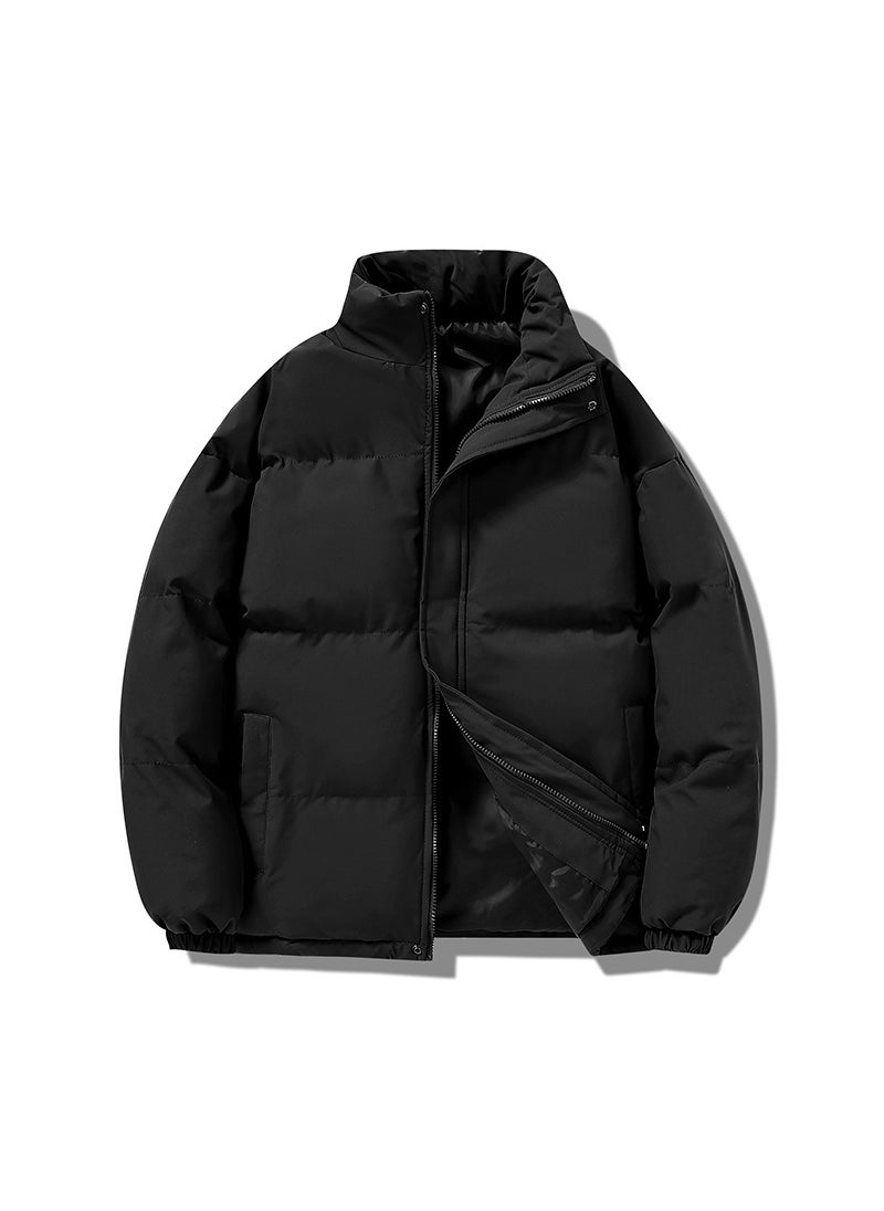 Generic Winter Casual Stand Collar Trendy Cotton Padded Coat Men Loose Fit Solid Color Cotton Coat Couple Jacket Thickened Warm Puffer J Dark gray  - Image 1