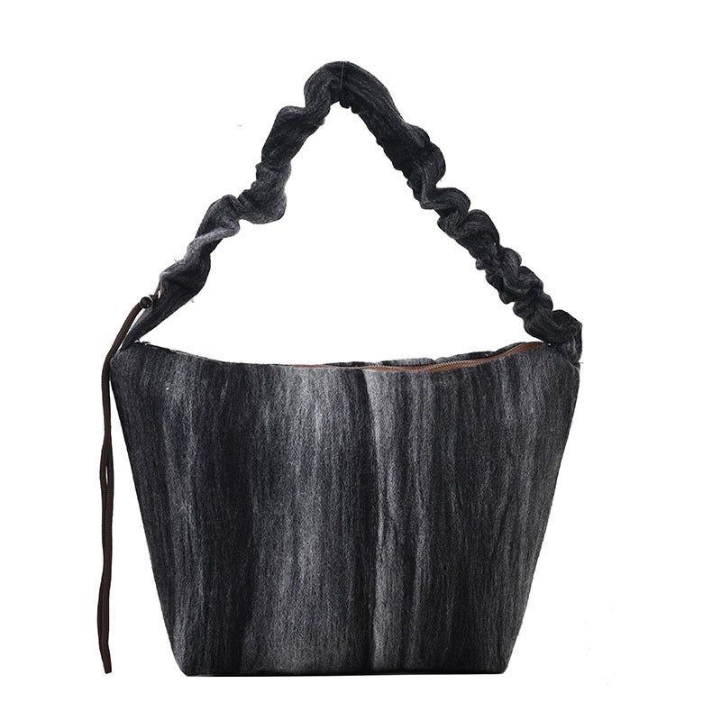Retro Style Woolen Bag Contrast Color Stripe Antique Niche Design Pleated Shoulder Bag Women'S Large Capacity Underarm - Image 1