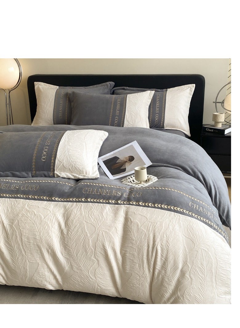 Generic Bed Sheet Style — Carved Velvet Cloth Embroidered Wide Edge Milk Velvet Four Piece Bedding Set  - Image 1