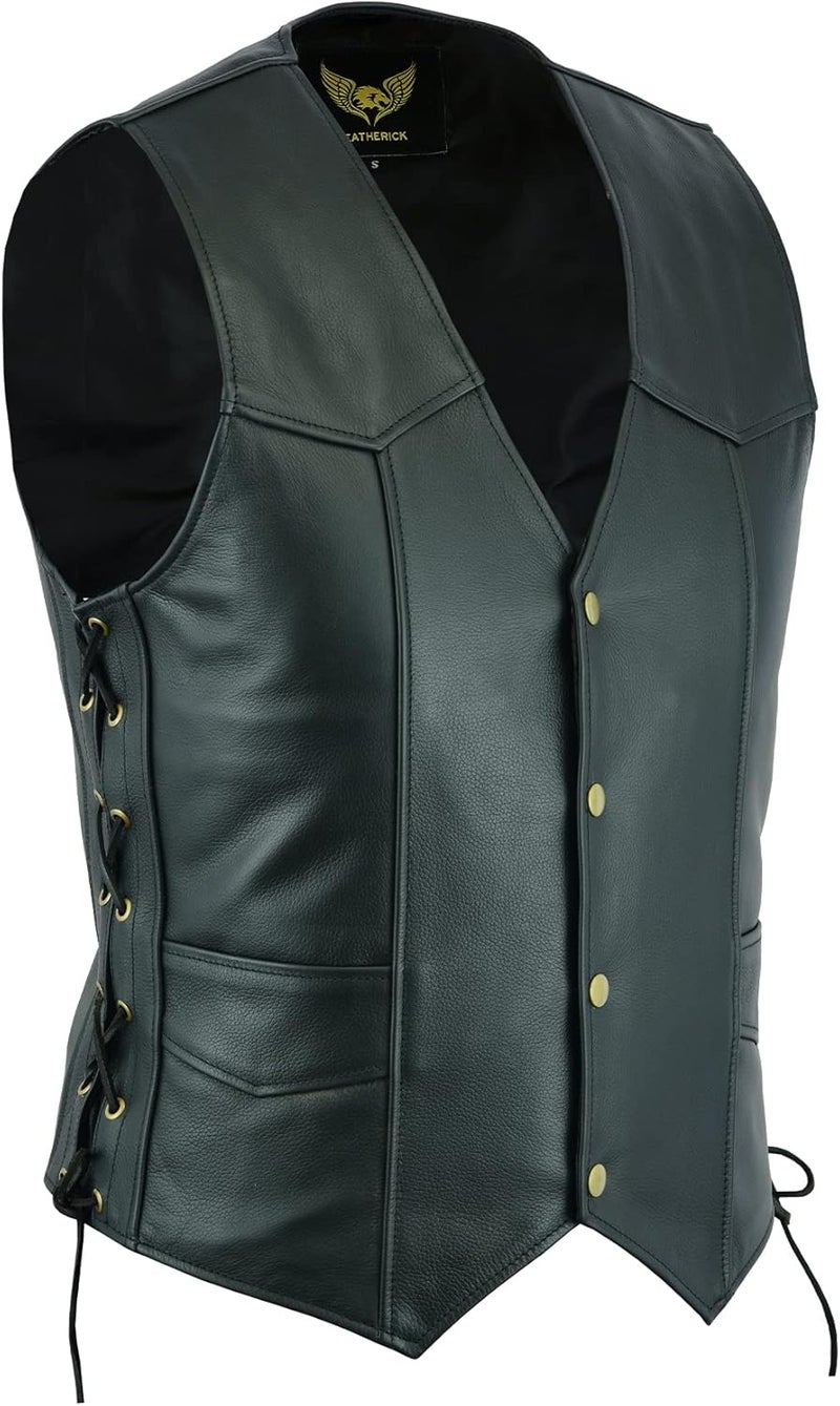 Leatherick Men Premium Top Grain Cowhide Classic Motorcycle Leather Waistcoat Vest with Side Laces Black - Image 1