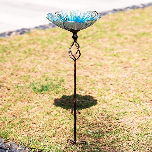 MUMTOP 31 Inch Height Glass Birdbath Birdfeeder with Metal Stake Garden Yard Outdoor Blue - Image 2