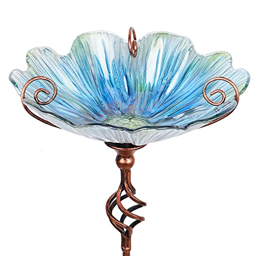 MUMTOP 31 Inch Height Glass Birdbath Birdfeeder with Metal Stake Garden Yard Outdoor Blue - Image 1