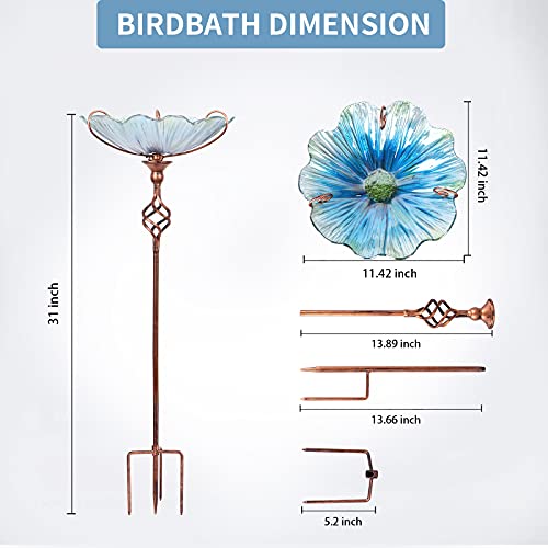 MUMTOP 31 Inch Height Glass Birdbath Birdfeeder with Metal Stake Garden Yard Outdoor Blue - Image 4