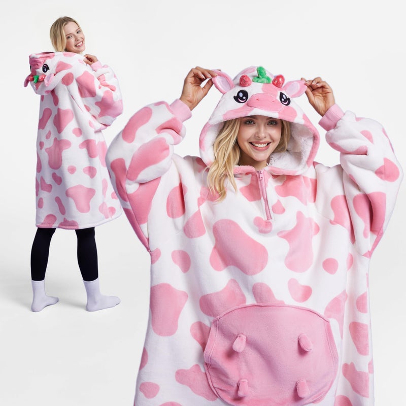 Giggling Getup Wearable Blanket Hoodie for Women and Men Sherpa Fleece Hooded Blanket Sweatshirt Warm Cozy Sherpa Wearable Throw Oversized Hoodie with Giant Pocket & Sleeves for Adult Strawberry Cow - Image 2