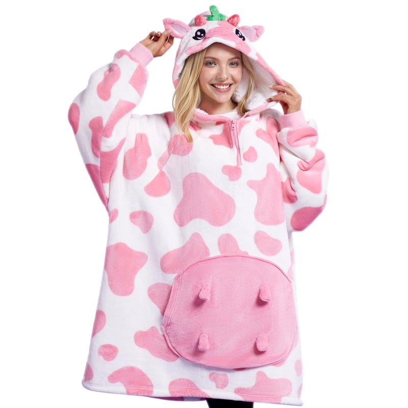 Giggling Getup Wearable Blanket Hoodie for Women and Men Sherpa Fleece Hooded Blanket Sweatshirt Warm Cozy Sherpa Wearable Throw Oversized Hoodie with Giant Pocket & Sleeves for Adult Strawberry Cow - Image 1