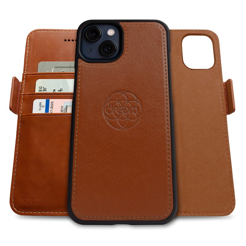Dreem Fibonacci Wallet Case for iPhone 13 2in1 Detachable Vegan Leather Cover with Builtin KickStand RFID Blocking Card Holder MagSafe Compatible Caramel - Image 2