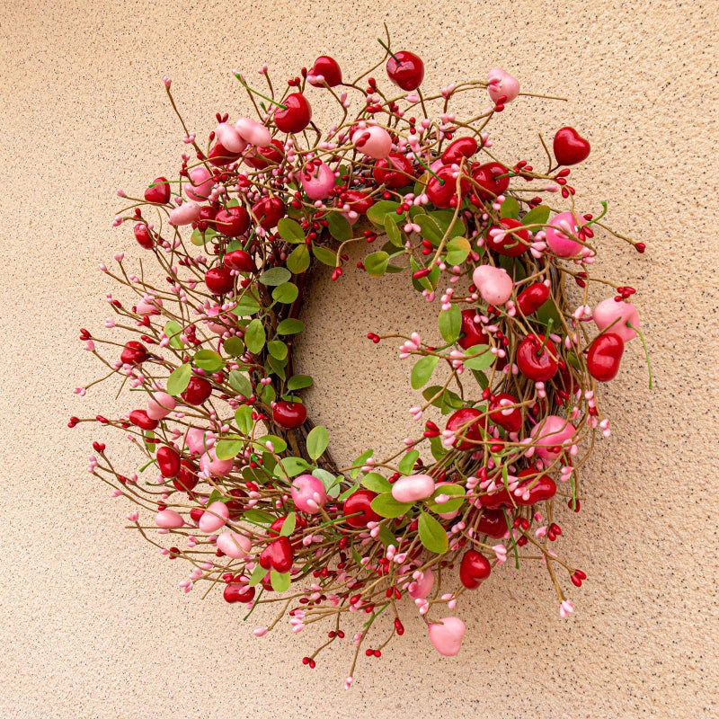 Yawwind 20 Inches Farmhouse Valentine's Day Wreath Romantic Valentines Wreaths for Front Door Rustic Valentines Door Wreath with Red Pink Heart Berry Cherry for Window Wall Wedding Porch Indoor - Image 4