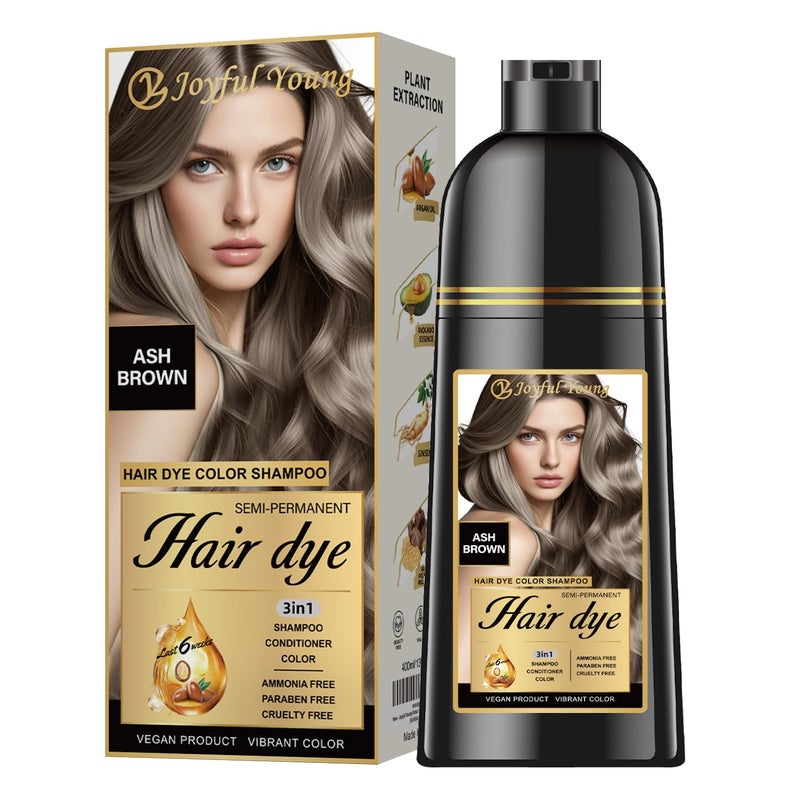 Joyful Young Hair Dye Shampoo 3-in-1, Ash Brown Semi-Permanent Gray Hair Coverage, Color Depositing Shampoo for Women & Men, Vegan, Ammonia-Free - Image 1