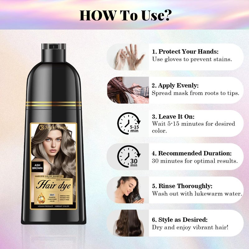 Joyful Young Hair Dye Shampoo 3-in-1, Ash Brown Semi-Permanent Gray Hair Coverage, Color Depositing Shampoo for Women & Men, Vegan, Ammonia-Free - Image 4