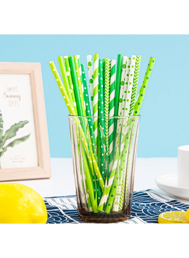 A Large Number Of Spot Disposable Paper Straw Degradable Paper Straw Green Series Straw Fresh Stripe Green-Color:Pure Dark Green  - Image 3