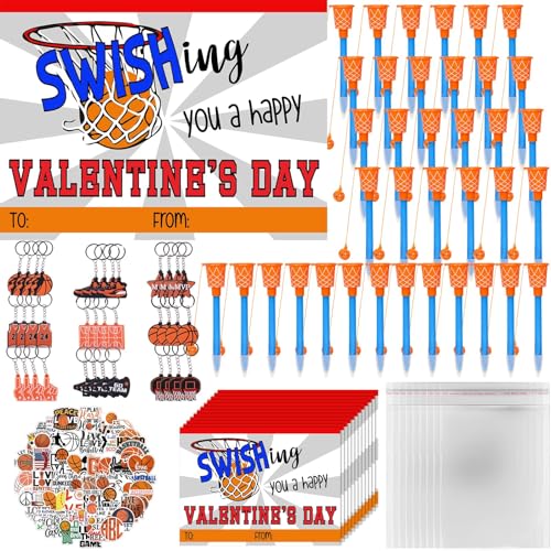 Gosodeny 36 Pack Basketball Party Favor Set with Mini Hoop Pens Keychains Stickers Exchange Cards and Gift Bags Bulk Gifts Sports Birthday Goodie Bag Fillers for Adult - Image 1