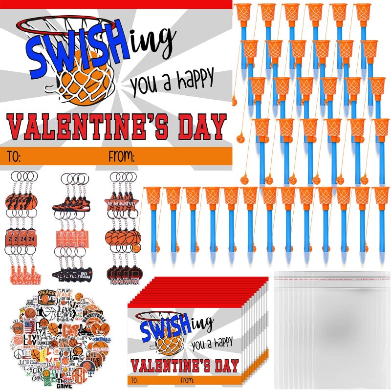 Gosodeny 36 Pack Basketball Party Favor Set with Mini Hoop Pens Keychains Stickers Exchange Cards and Gift Bags Bulk Gifts Sports Birthday Goodie Bag Fillers for Adult - Image 3
