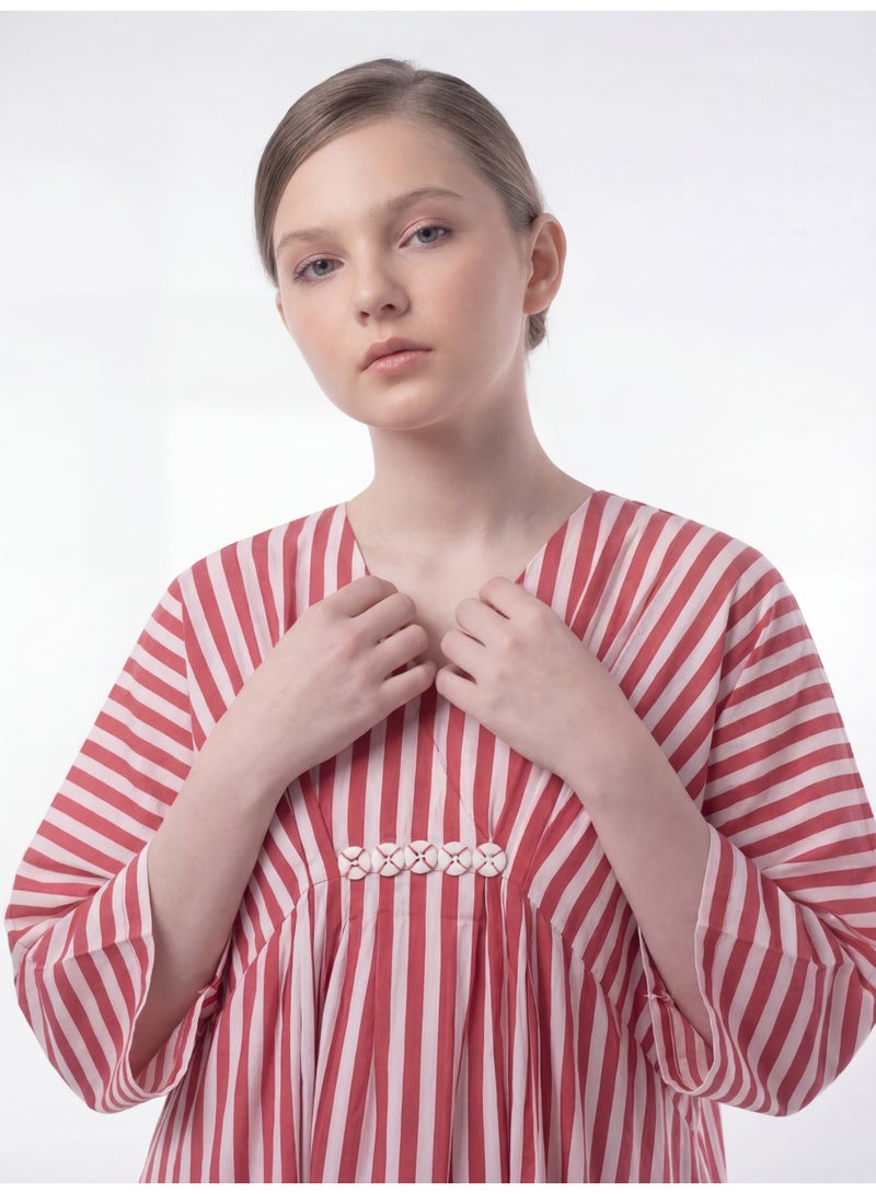 LUSHA Elegant White & Red Striped Kaftan Dress for Girls – Maxi & Comfortable Wear (6–16 Years) - Image 1