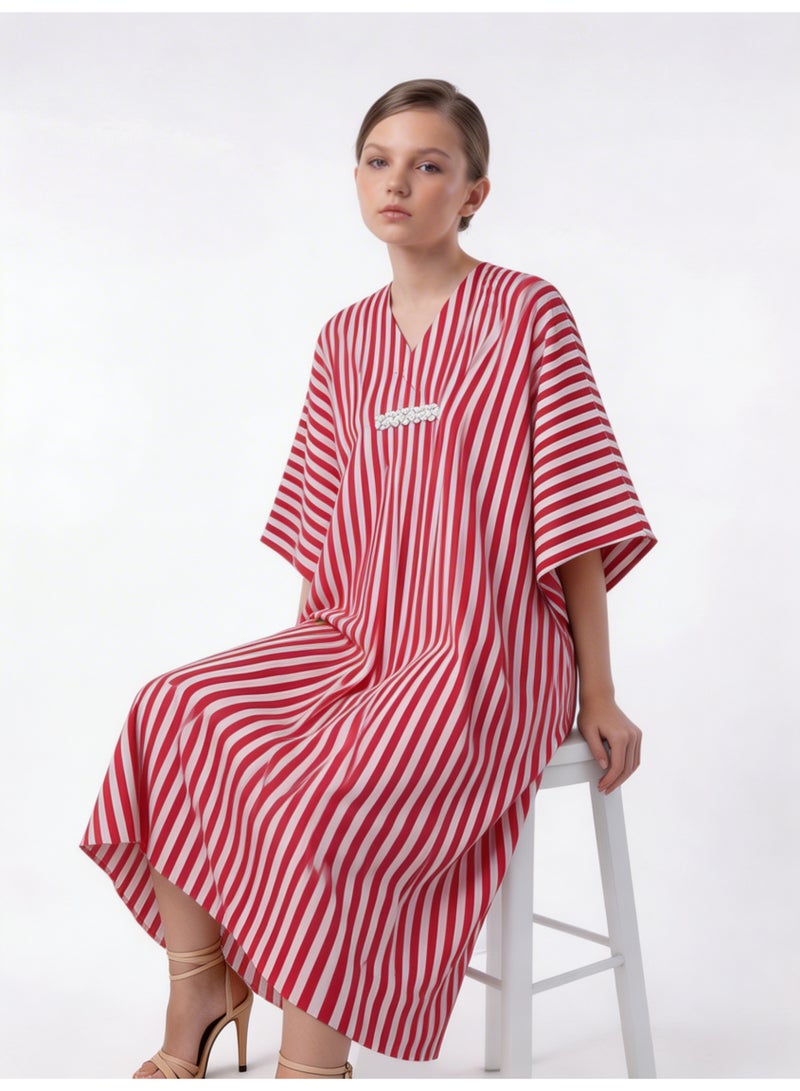 LUSHA Elegant White & Red Striped Kaftan Dress for Girls – Maxi & Comfortable Wear (6–16 Years) - Image 5