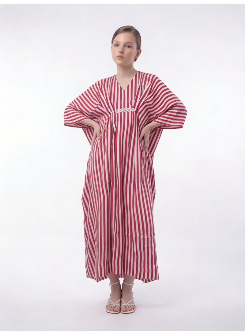 LUSHA Elegant White & Red Striped Kaftan Dress for Girls – Maxi & Comfortable Wear (6–16 Years) - Image 3