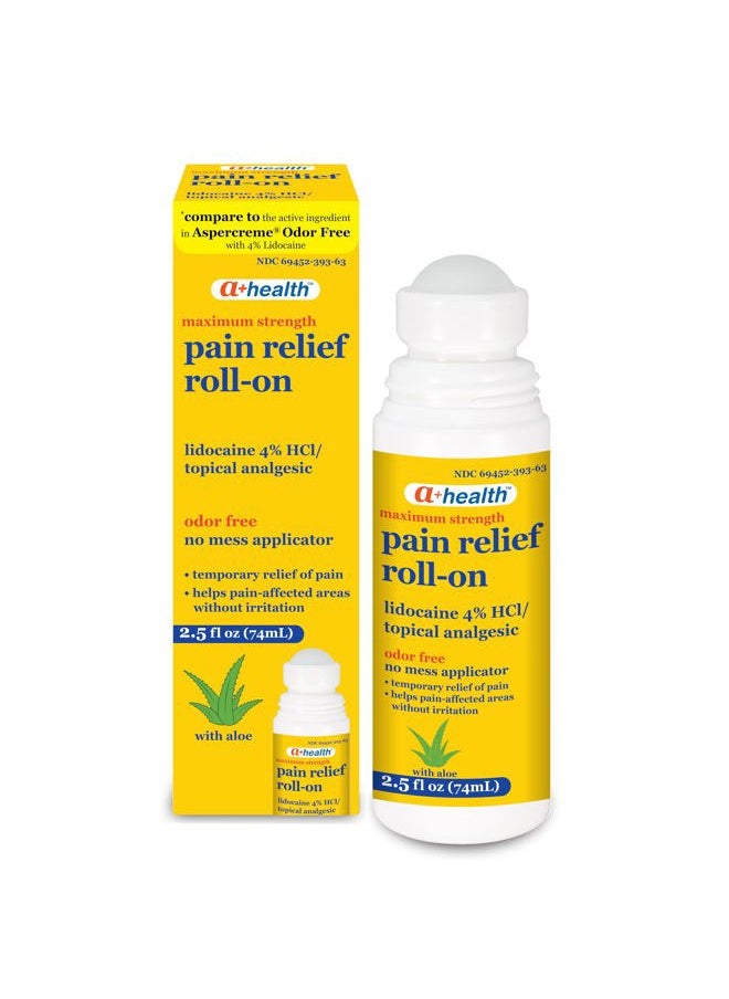 a+health Pain Relief Roll-On Liquid, Lidocaine 4%, Odor Free, Maximum Strength Pain + Itch Relief with Aloe, Made in USA, 2.5 fl Ounces  - Image 1