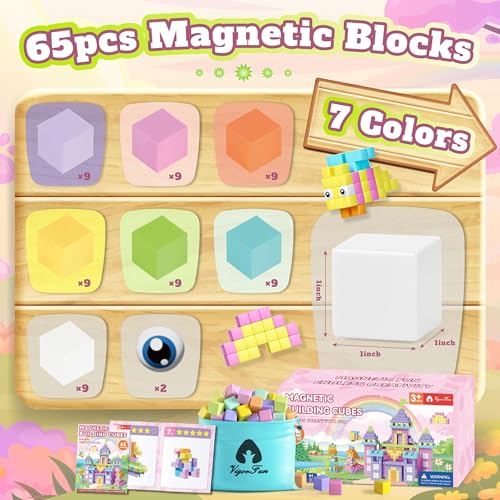 Vigorfun مجموعة كتل مغناطيسية 65 قطعة 1 مغناطيس مع عيون لعبة وحقيبة تخزين هدايا للأطفال ألعاب تعليمية STEM للأطفال في مرحلة ما قبل المدرسة ألعاب حسية للأطفال من 3 إلى 8 سنوات بألوان ماكرون - Image 5