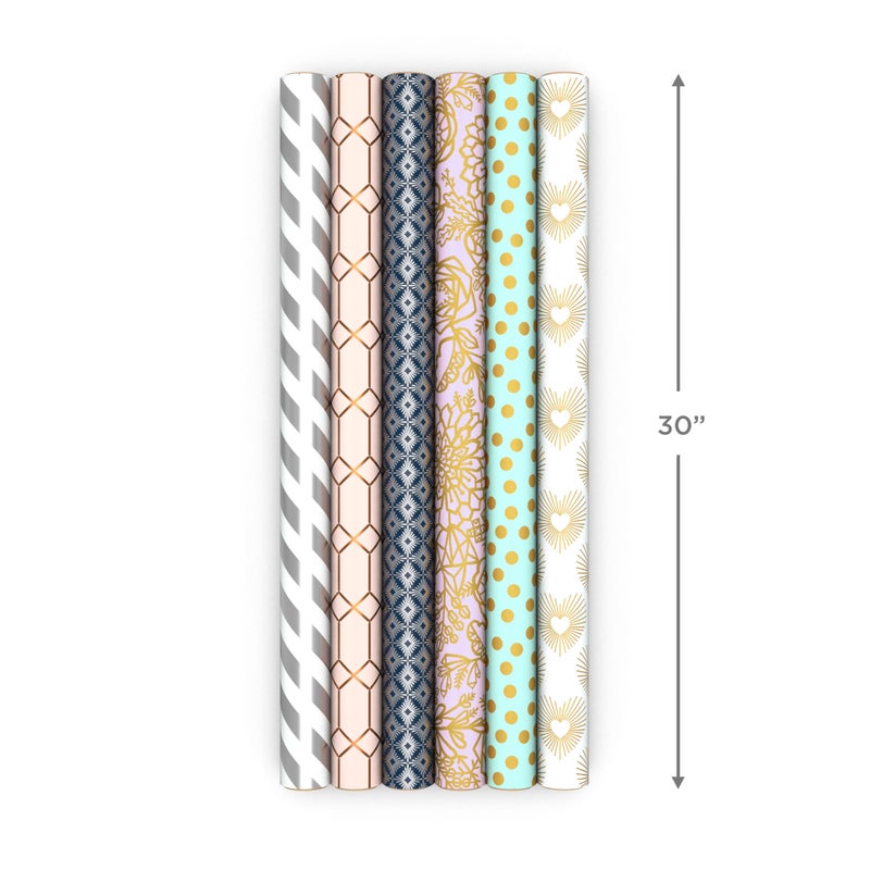 Hallmark Wrapping Paper with Cutlines on Reverse (6 Rolls: 180 Sq. Ft. Total) White and Silver Stripes, Mint Green, Gold Hearts and Flowers for Valentine's Day, Weddings, Bridal Showers, Birthdays - Image 3