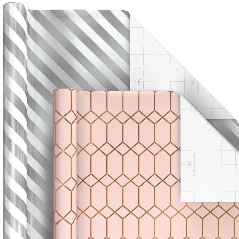 Hallmark Wrapping Paper with Cutlines on Reverse (6 Rolls: 180 Sq. Ft. Total) White and Silver Stripes, Mint Green, Gold Hearts and Flowers for Valentine's Day, Weddings, Bridal Showers, Birthdays - Image 4