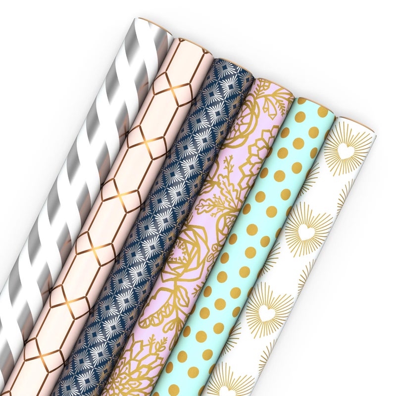 Hallmark Wrapping Paper with Cutlines on Reverse (6 Rolls: 180 Sq. Ft. Total) White and Silver Stripes, Mint Green, Gold Hearts and Flowers for Valentine's Day, Weddings, Bridal Showers, Birthdays - Image 1