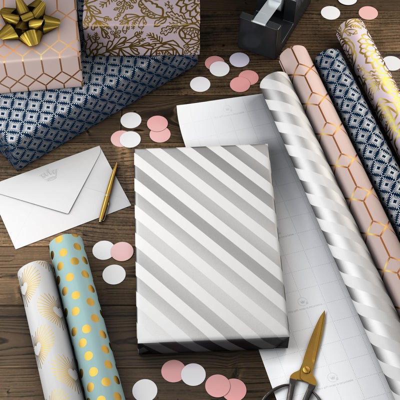 Hallmark Wrapping Paper with Cutlines on Reverse (6 Rolls: 180 Sq. Ft. Total) White and Silver Stripes, Mint Green, Gold Hearts and Flowers for Valentine's Day, Weddings, Bridal Showers, Birthdays - Image 2